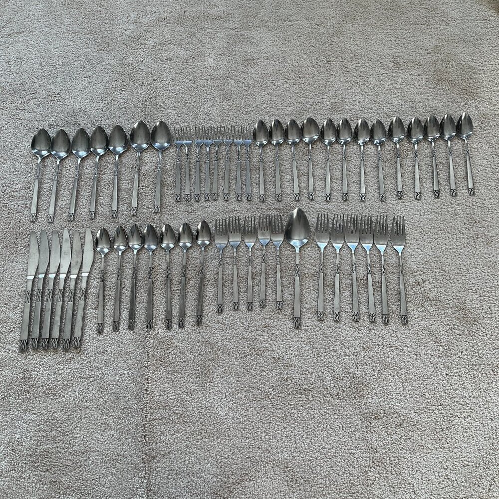Vintage ORLEANS Stainless Steel Flatware Victoria Pattern - Japan - 53 Pieces